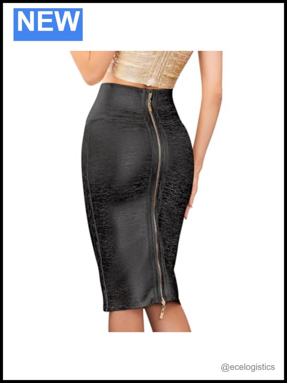 Faux Leather Metallic Midi Pencil Bandage Skirt Office